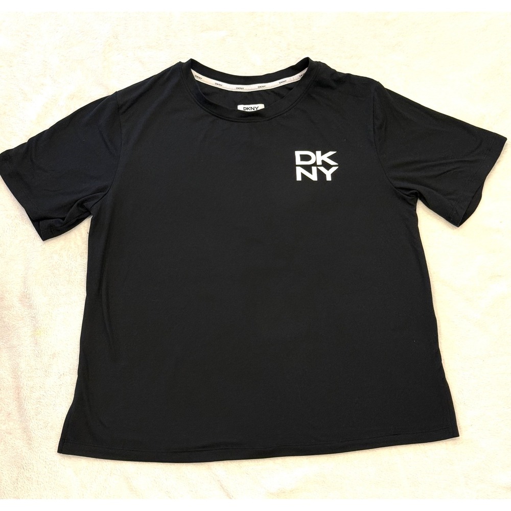 DKNY Womens Black Short Sleeve Logo Graphic T-Shirt Small Crew Neck Side Slit